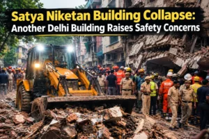 Rescue teams and Delhi Police at the site of the Satya Niketan building collapse in Delhi, with a JCB clearing rubble and a damaged building in the background.