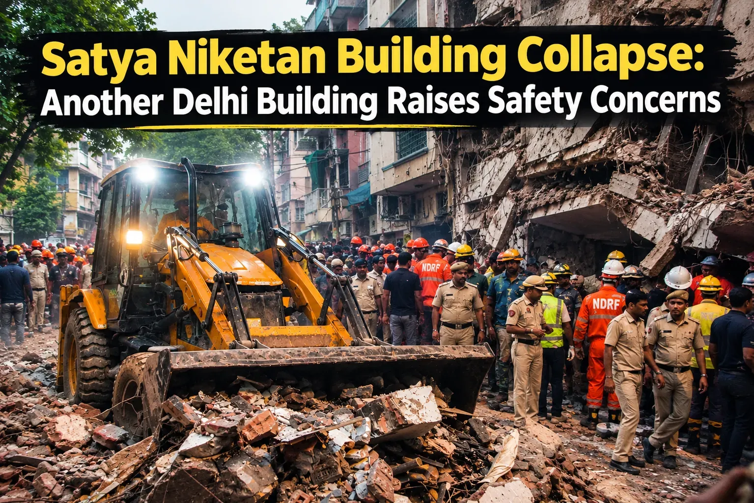 Rescue teams and Delhi Police at the site of the Satya Niketan building collapse in Delhi, with a JCB clearing rubble and a damaged building in the background.