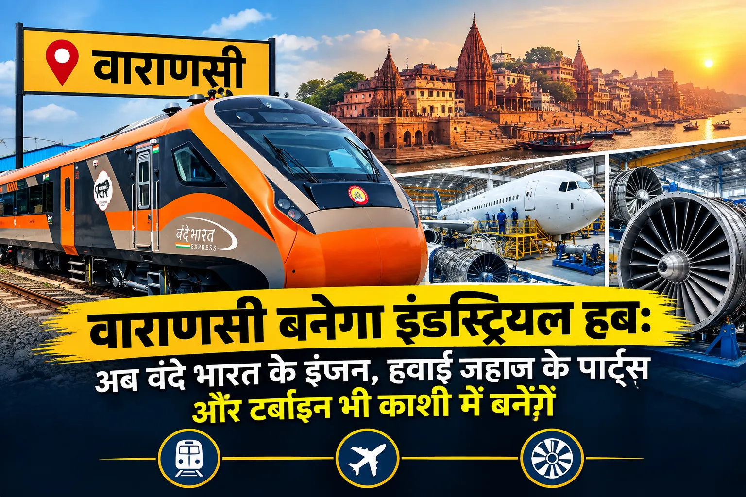 वाराणसी में वंदे भारत ट्रेन, हवाई जहाज के पार्ट्स और टर्बाइन निर्माण के साथ काशी को औद्योगिक हब के रूप में दर्शाती तस्वीर।