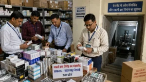 उत्तर प्रदेश में नकली दवाओं के नेटवर्क की जांच के दौरान FSDA अधिकारियों द्वारा दवा पैकेजिंग सामग्री और मशीनरी की जांच