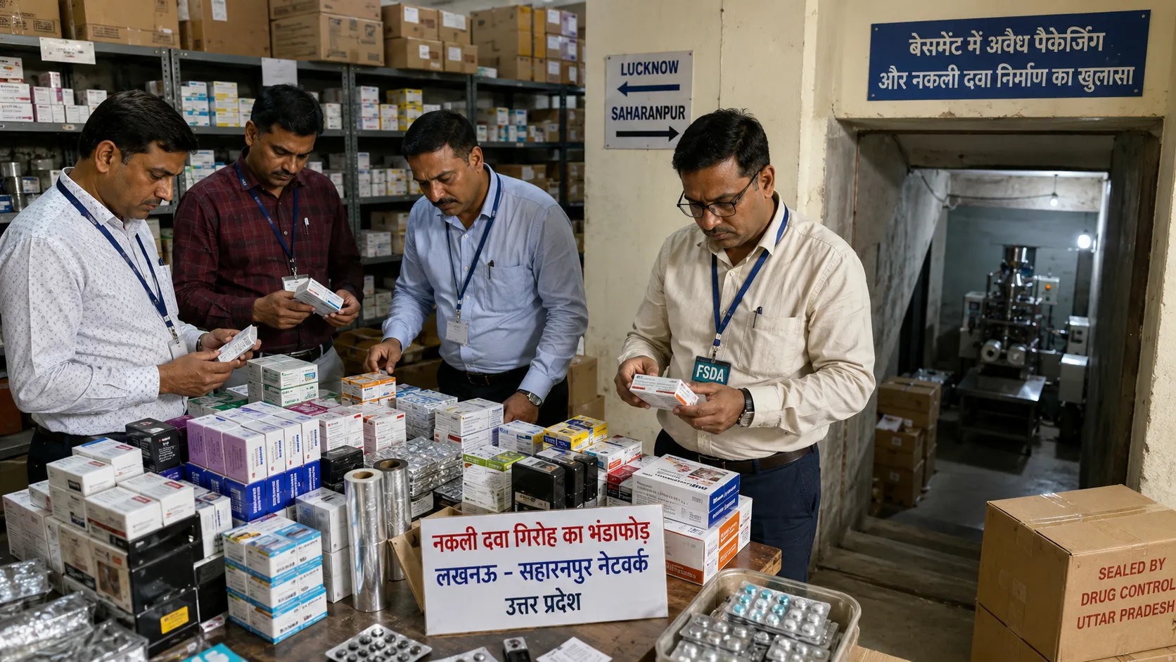 उत्तर प्रदेश में नकली दवाओं के नेटवर्क की जांच के दौरान FSDA अधिकारियों द्वारा दवा पैकेजिंग सामग्री और मशीनरी की जांच