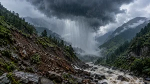 उत्तराखंड में बादल फटने पहाड़ी घाटी में स्थानीय Cloudburst और तेज बारिश का दृश्य