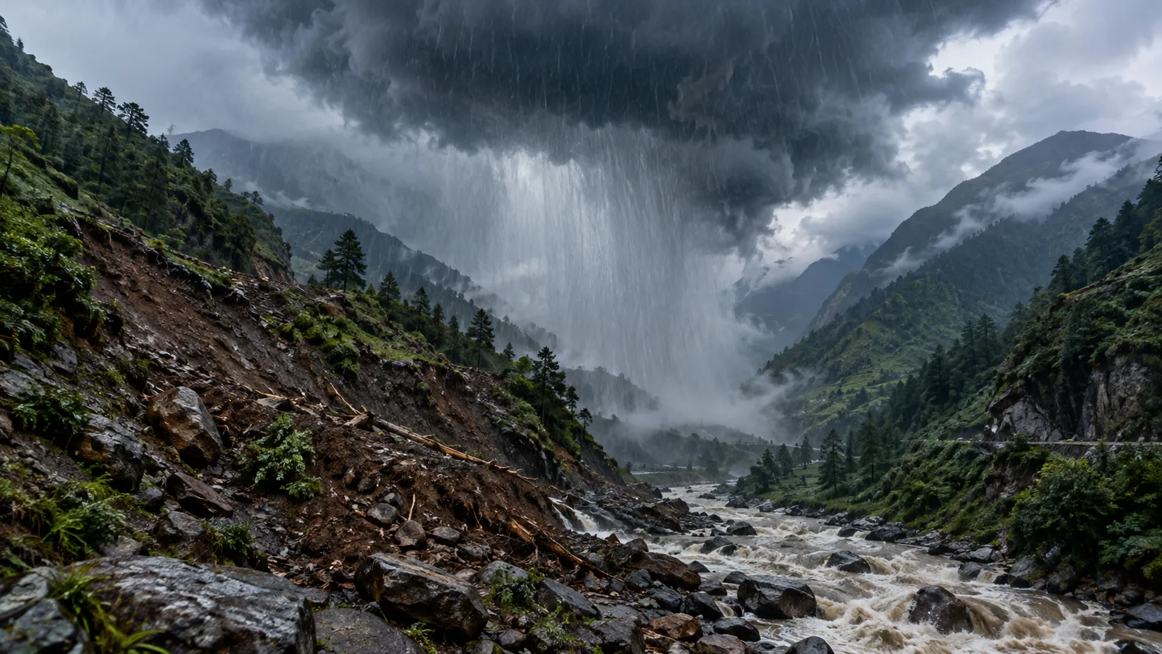 उत्तराखंड में बादल फटने पहाड़ी घाटी में स्थानीय Cloudburst और तेज बारिश का दृश्य