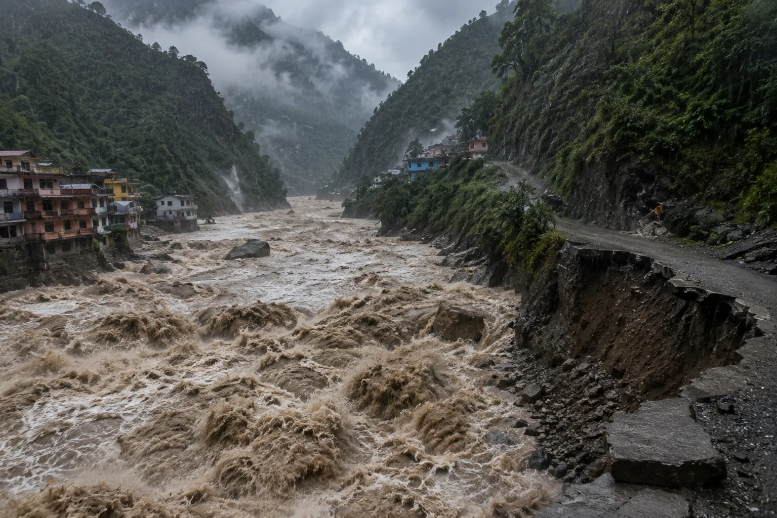 उत्तराखंड में भारी बारिश के बाद उफनती पहाड़ी नदी और बाढ़ का खतरा