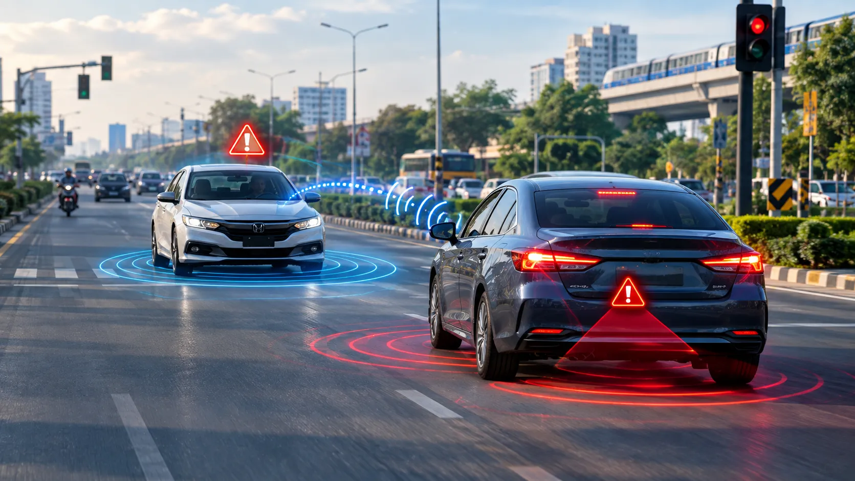V2V Communication में दो connected cars आपस में safety information exchange करते हुए