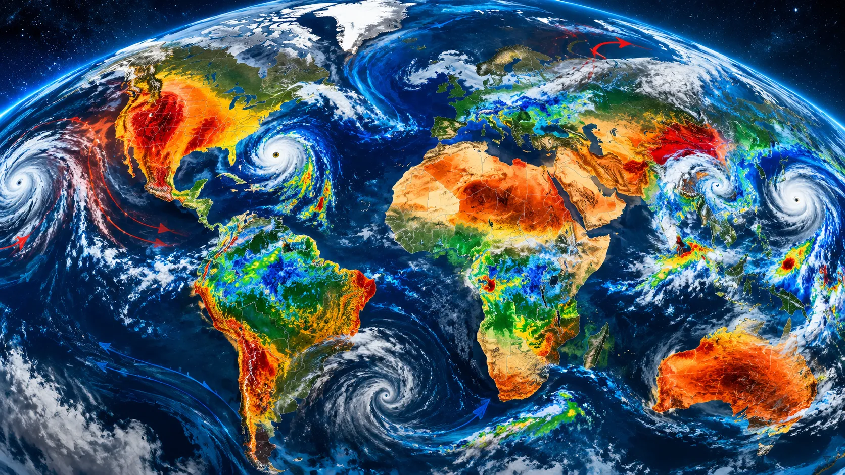 Global weather map showing temperature, rainfall and extreme weather patterns